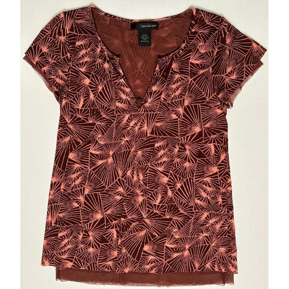 Calvin Klein Jeans Short Sleeved Layered Blouse Brown V-neck Starburst Print S‎